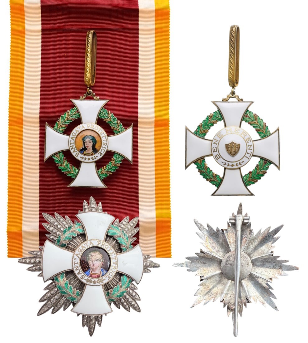 ORDER OF SANTA AGATHA: Grand Cross Set, 1st Class, instituted in 1923. Sash Badge, 60x53 mm, gilt Silver, both sides enameled, both central medallions gilt Silver, enameled, original ornamented suspension loop and long sash