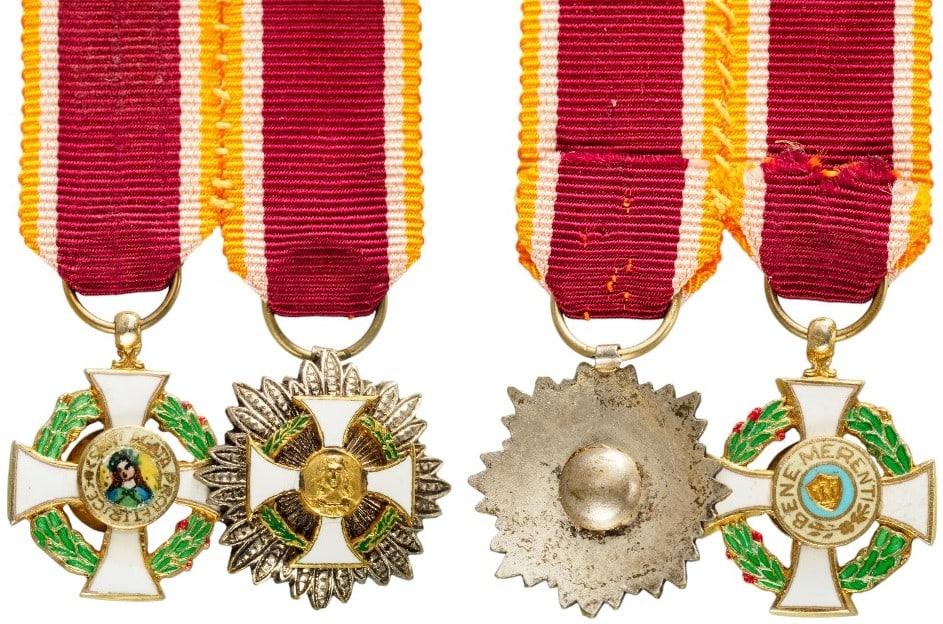 ORDER OF SANTA AGATHA: Grand Cross Set Miniatures. Breast Badge, 20x16 mm, gilt Silver, both sides enameled, original suspension ring and ribbon. Breast Star, 17 mm, Silver, superimposed part enameled, original suspension r