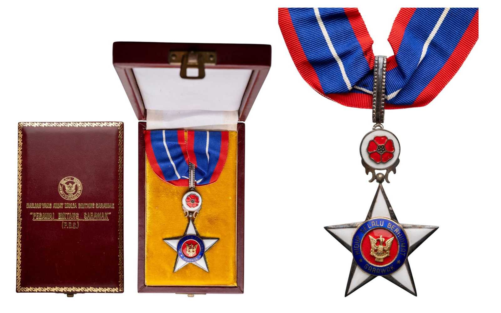 Most Exalted Order of the Star of Sarawak (Pegawai Bintang Sarawak): Commander's Cross, instituted in 1964. Neck Badge, 82x54 mm, Silver, one-side enameled, original suspension device, ring, loop and ribbon, in case of issue with gilt weapon and inscription on the lid.