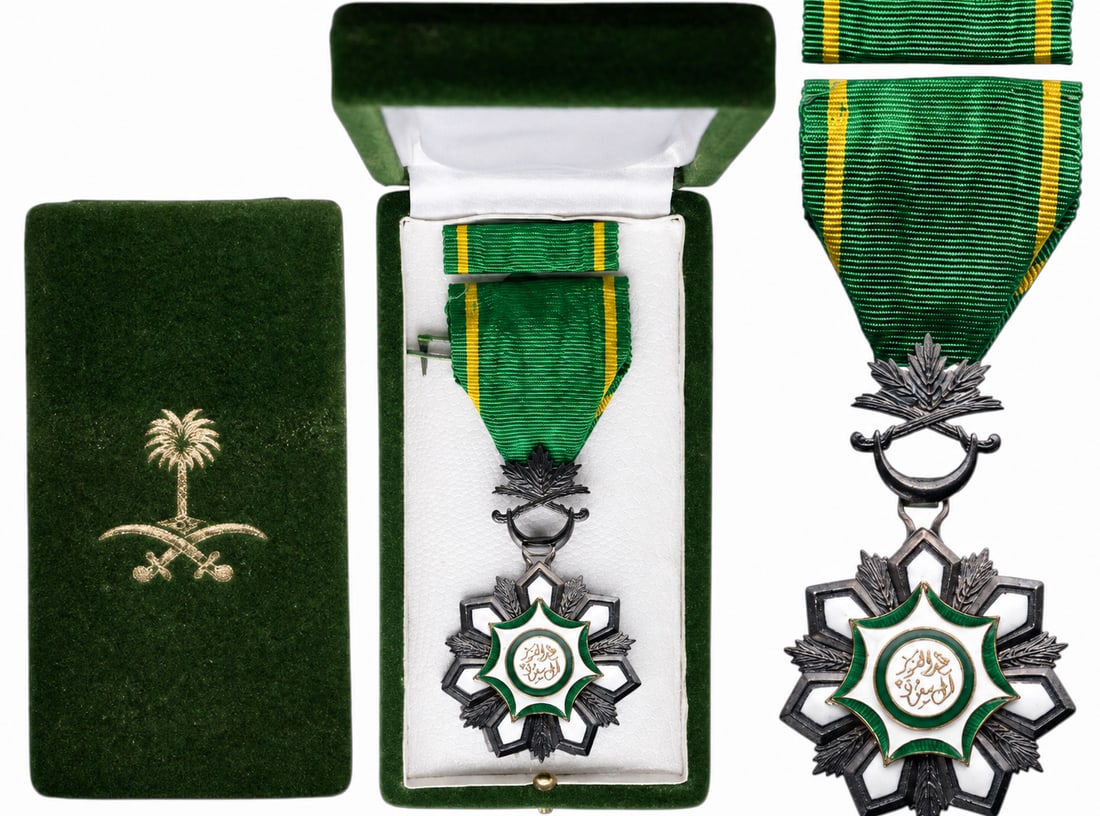Order of Abdul Aziz, 1st Type, 1964: Knight's Cross, instituted in 1964. Breast Badge, 66x40 mm, Silver, one-side enameled, original suspension palms, ring and ribbon, in case of issue with gilt weapon on the lid, together with lapel bar