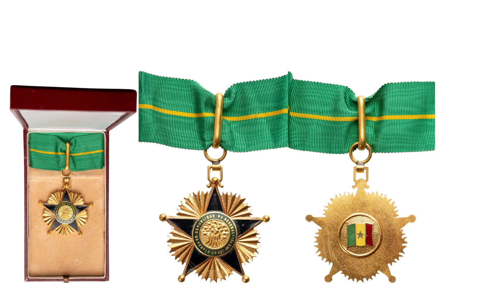 ORDER OF MERIT: Commander's Cross, 3rd Class, instituted in 1960. Neck Badge, 63x56 mm, gilt Bronze, enameled (mionr damage to one point), original suspension ring, loop and ribbon, in case of issue. Very fine! II