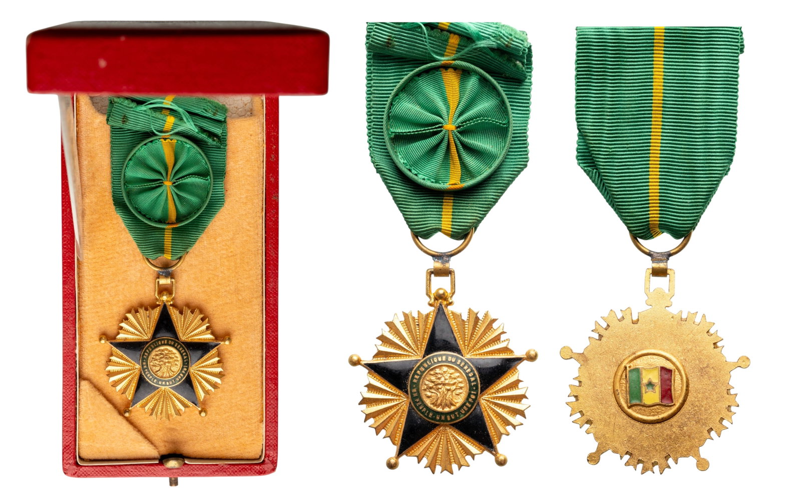 ORDER OF MERIT: Officer's Cross, 4th Class, instituted in 1960. Breast Badge, 47x42 mm, gilt Bronze, original suspension ring and ribbon with rosette, in case of issue by "Arthus Bertrand, Paris"! Mint state! I