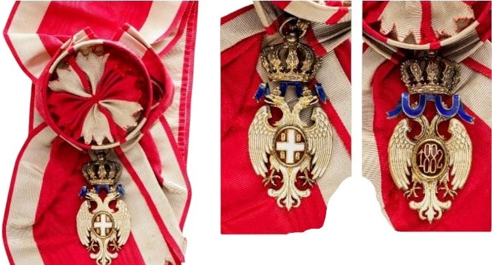 ORDER OF THE WHITE EAGLE: Grand Cross Badge, Civil, 2nd Model, 1st Class, instituted in 1883. Sash Badge, 88x41 mm, gilt Silver, white enameled, oval centre medallion with the arms of Serbia on red enamel, outer circlet with d