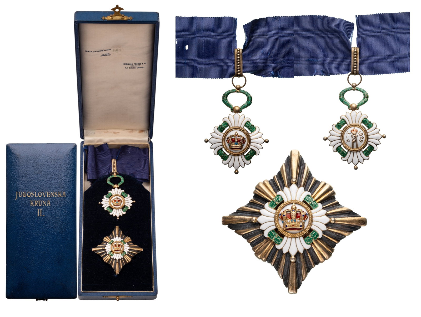 Order of the Yugoslav Crown: Grand Officerâ??s Set, 2nd Class, instituted in 1930. Neck Badge, 76x55 mm, gilt Silver, both-sides enameled, central medallion gilt silver, original suspension wreath, ring, loop and ribbon. Breast