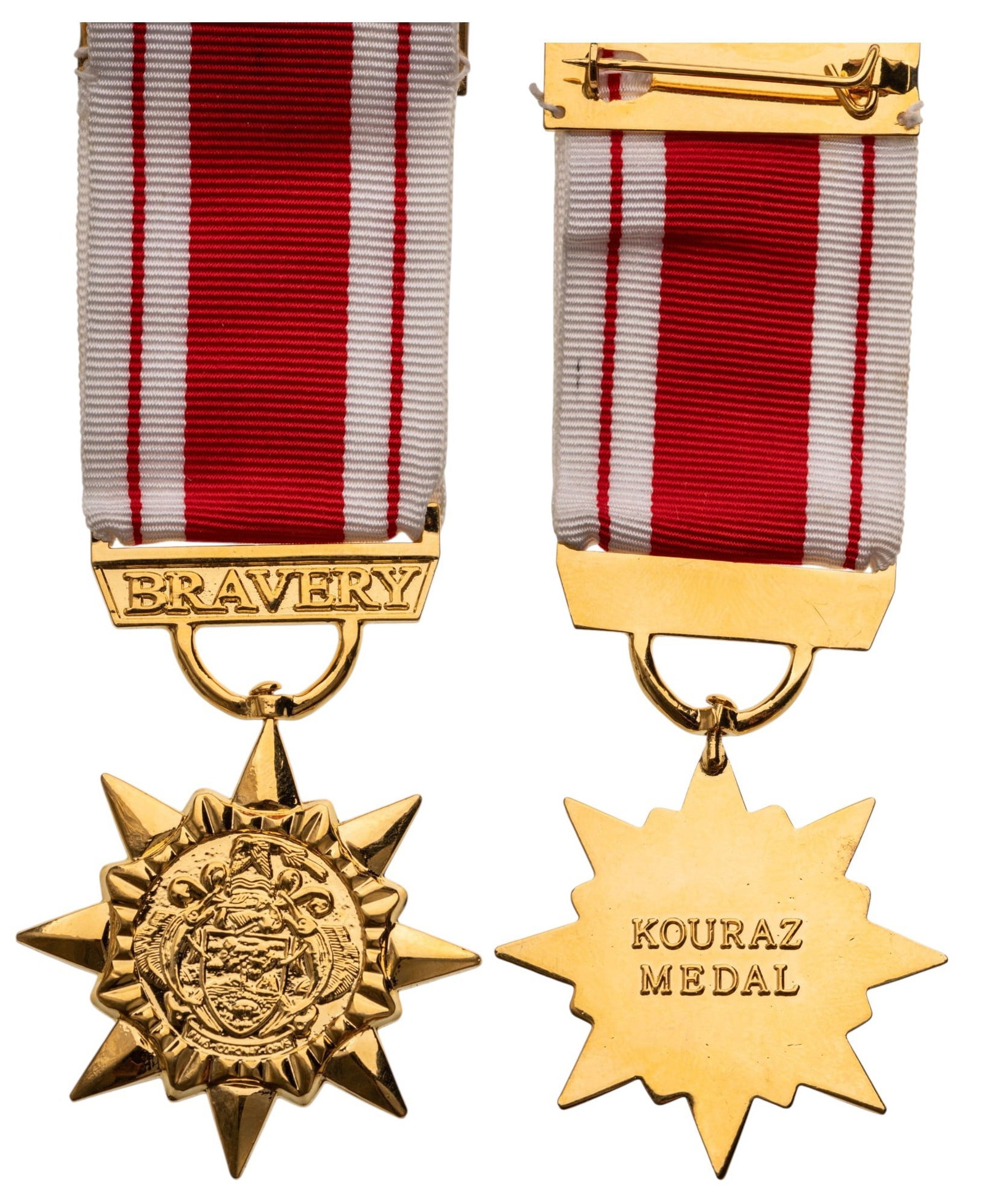 Kouraz Medal: Breast Badge, 43x40 mm, gilt Bronze, original suspension ring, bar and ribbon. Rare medal, published in Jomsa Magazine in 2009, in mint condition! I R!
