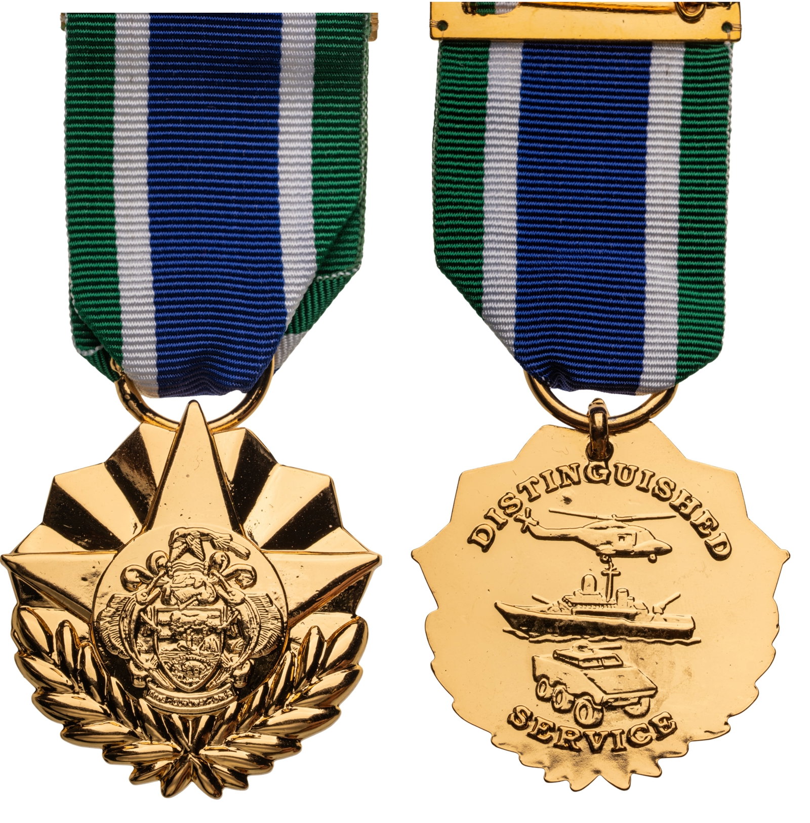 Distinguished Service Medal: 1st Class. Breast Badge, 41x39 mm, gilt Bronze, original suspension ring and ribbon. Rare medal, published in Jomsa Magazine in 2009, in mint condition! I R!