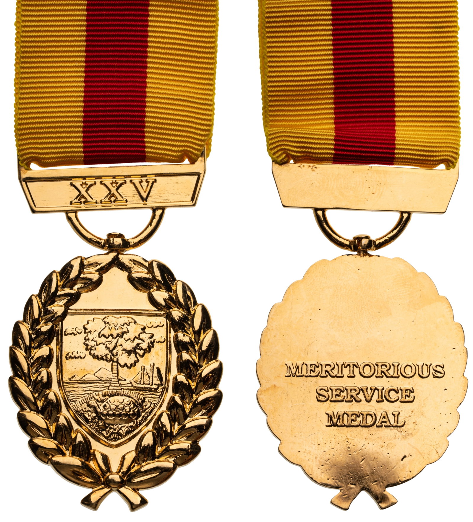 The Meritorious Service Medal: 1st Class, for 30 Years of Service. Breast Badge, 44x35 mm, gilt Bronze, original suspension ring and ribbon. Rare medal, published in Jomsa Magazine in 2009, in mint condition! I R!
