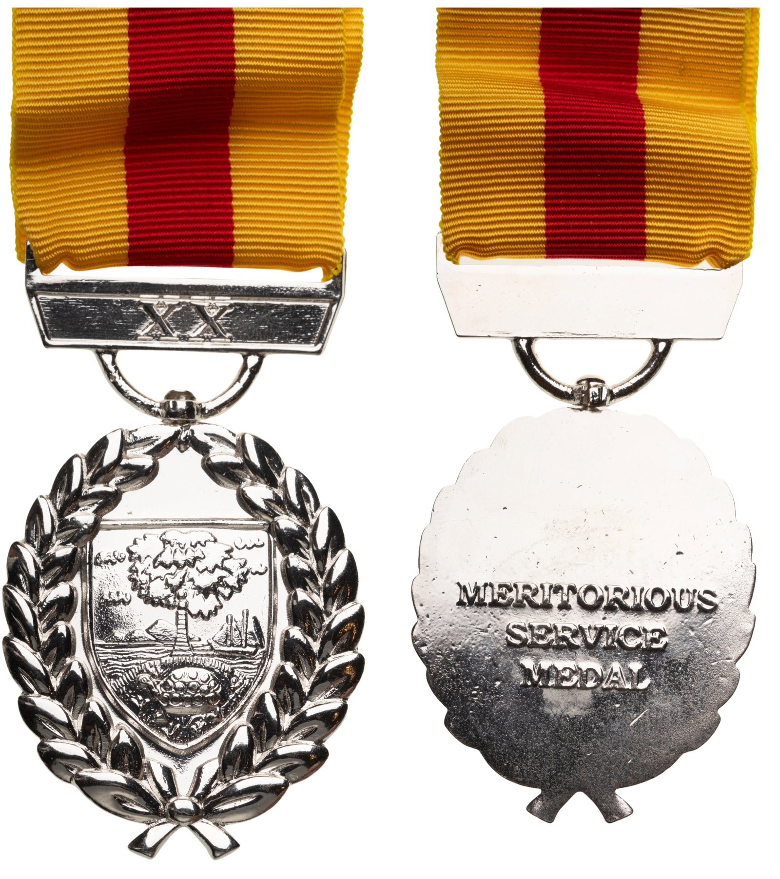 The Meritorious Service Medal: 2nd Class, for 20 Years of Service. Breast Badge, 44x35 mm, silvered Bronze, original suspension ring and ribbon. Rare medal, published in Jomsa Magazine in 2009, in mint condition! I R!