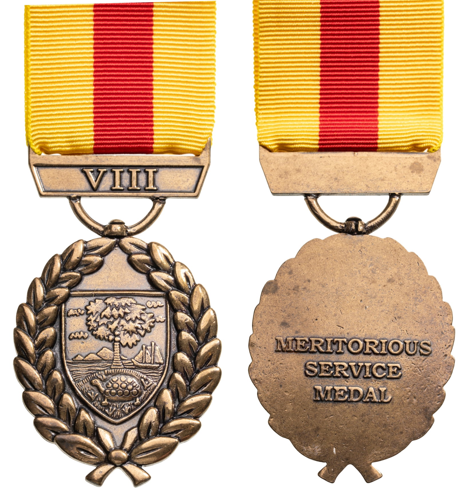 The Meritorious Service Medal: 4th Class, for 8 Years of Service. Breast Badge, 44x35 mm, Bronze, original suspension ring and ribbon. Rare medal, published in Jomsa Magazine in 2009, in mint condition! I R!