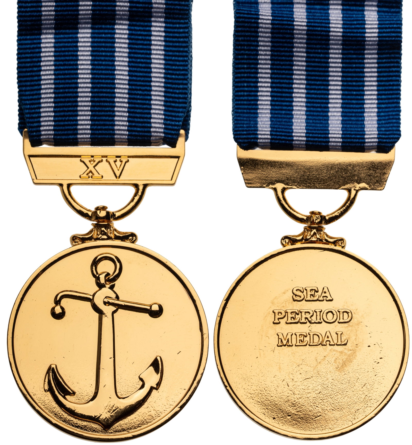 The Sea Period Medal: 1st Class, for 15 Years of Service. Breast Badge, 44x38 mm, gilt Bronze, original suspension ring and ribbon. Rare medal, published in Jomsa Magazine in 2009, in mint condition! I R!