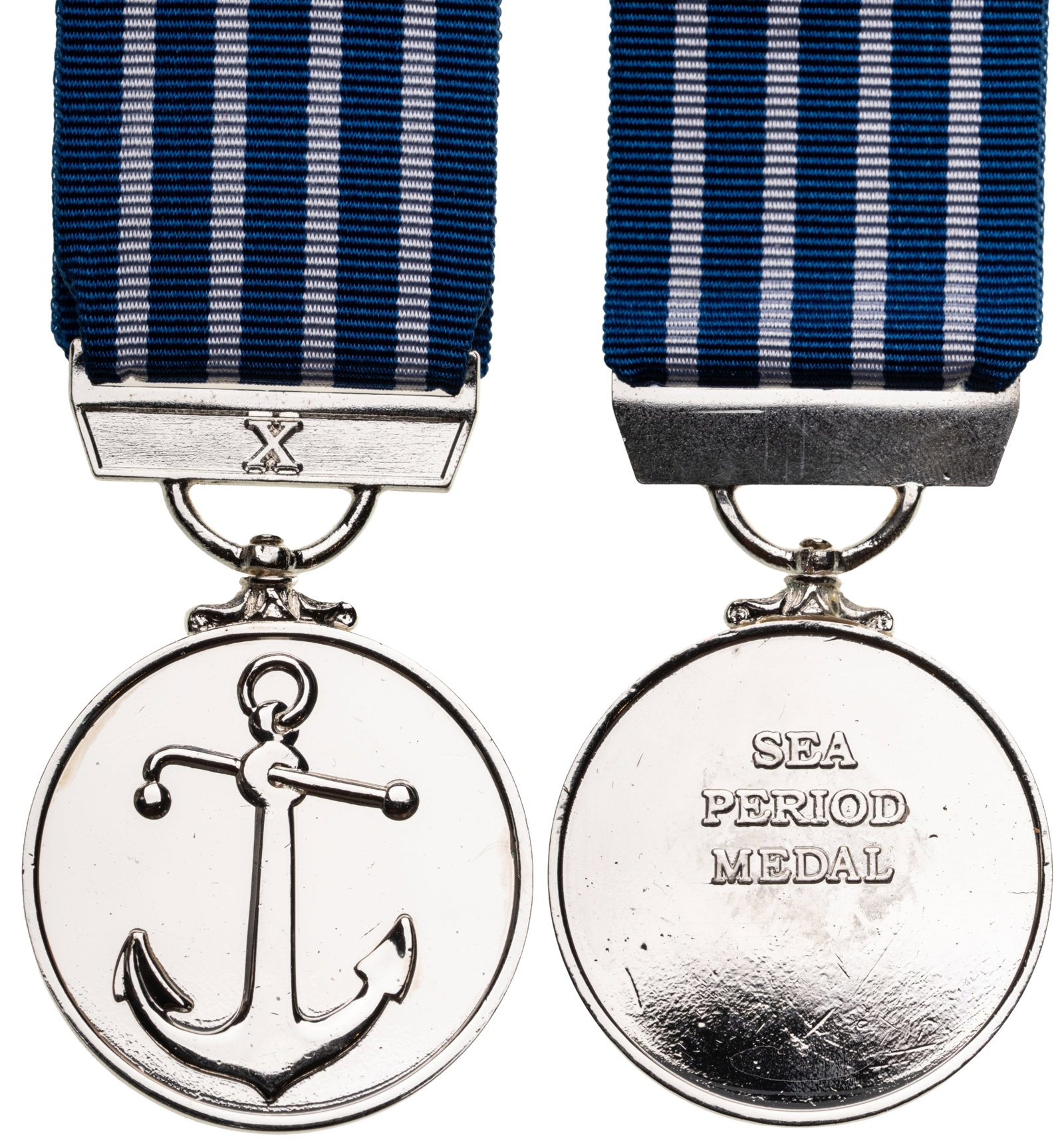 The Sea Period Medal: 2nd Class, for 10 Years of Service. Breast Badge, 44x38 mm, silvered Bronze, original suspension ring and ribbon. Rare medal, published in Jomsa Magazine in 2009, in mint condition! I R!