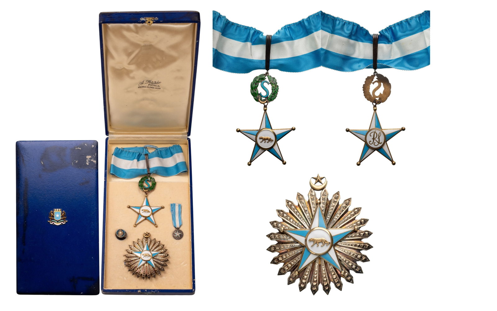 ORDER OF THE STAR: Grand Officer's Set, instituted in 1961. Commander's Cross, 90x57 mm, gilt Silver, enameled, original suspension device, ring, loop and ribbon. Breast Star, 77 mm, Silver, original pin on reverse, in 