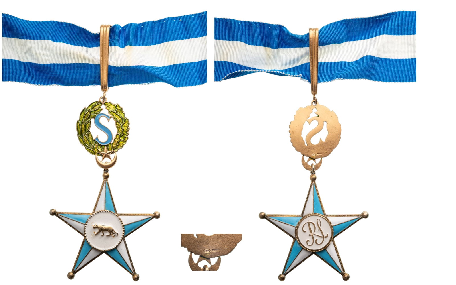 ORDER OF THE STAR: Commander's Cross, instituted in 1961. Neck Badge, 96x57 mm, gilt Silver, enameled, original suspension device, ring, loop and ribbon. A rare badge in extremely fine condition! I R!