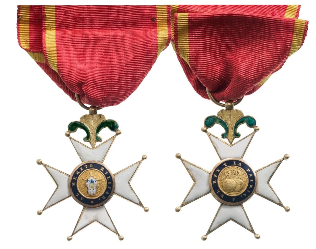 Military Order of St. Ferdinand: Knight's Cross instituted in 1811. Breast Badge, 40x33 mm, GOLD, 7.6 g., enameled, center medallions enameled, GOLD, with fine detail, suspension with stylized palms, grooved ribbon ring, with fine or