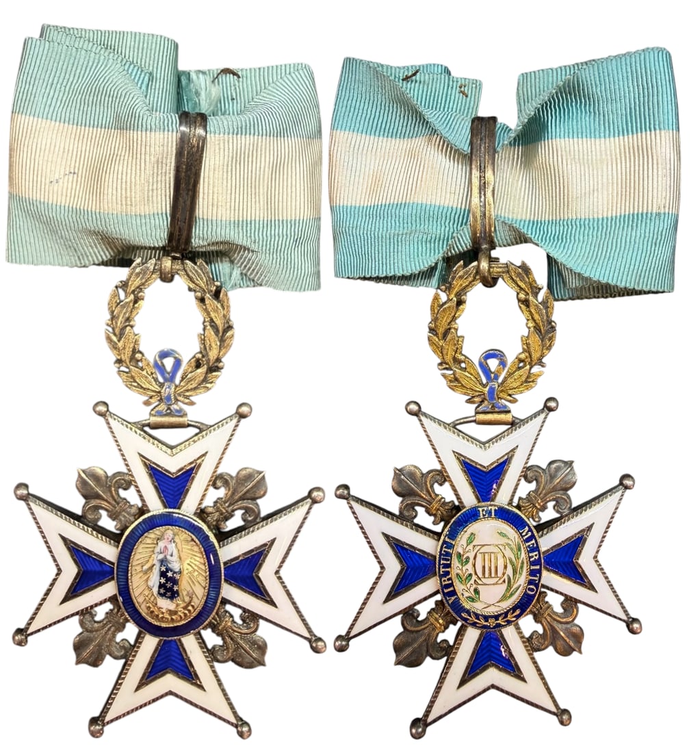 ORDER OF CHARLES III: Commander`s Cross, 3rd Class, instituted in 1771. Neck Badge, 80x53 mm, gilt Silver, superimposed parts gilt enameled, both central medallions gilt, enameled, original suspension wreath, loop and ribb