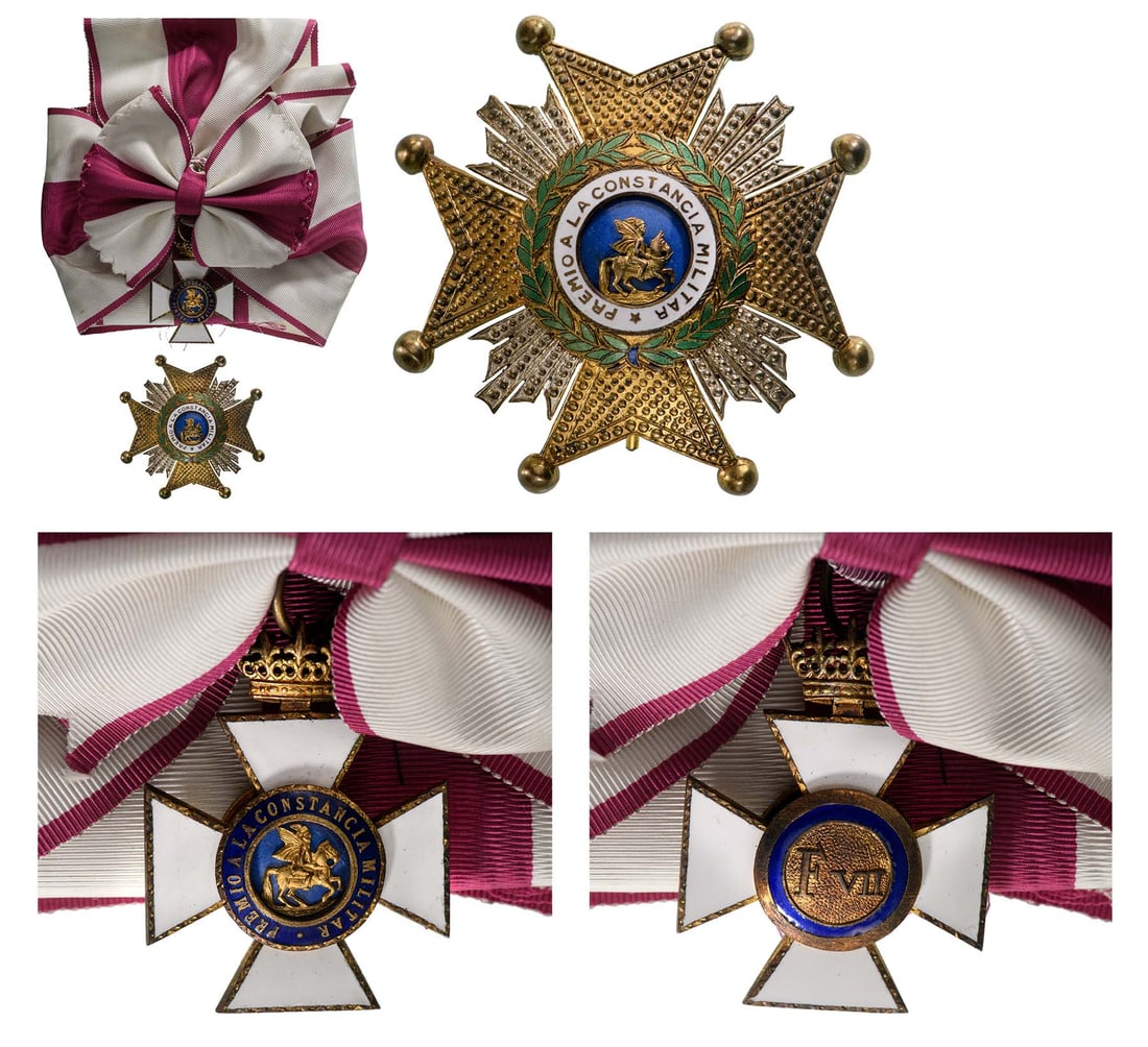 Military Order of St. Hermenegildo: Grand Cross of the type awarded between 1944 and 1951. Sash Badge, 48x37 mm., gilt Silver, with white enameled cross`s arms, centre medallion with separately-made image of the saint riding a horse wit