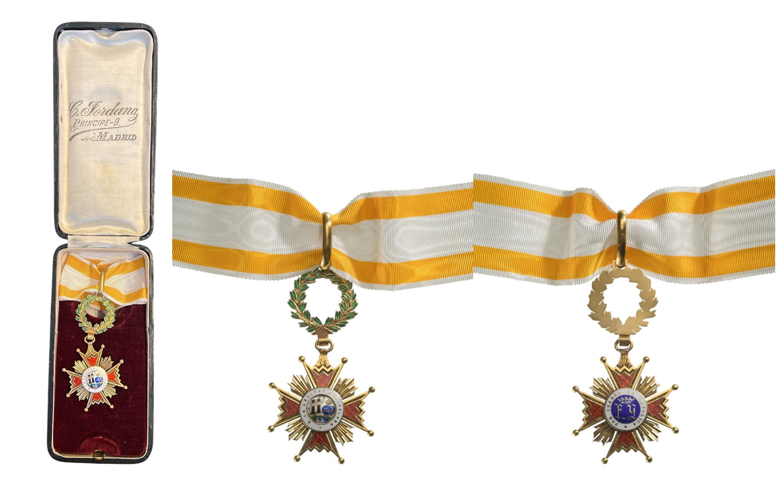 ORDER OF ISABELLA THE CATHOLIC: Commander`s Cross, 3rd Class, instituted in 1815. Neck Badge, 81x43 mm, gilt Silver, superimposed parts gilt enameled, both central medallions gilt, enameled, original suspension wreath, loop and ribb