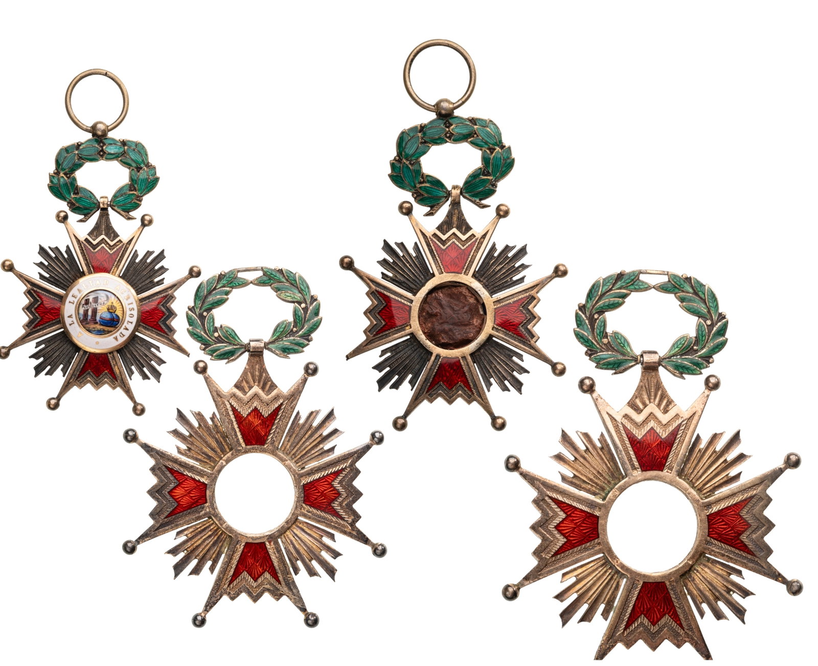ORDER OF ISABELLA THE CATHOLIC: Lot of 2. Commander's Cross and Knight's Cross, instituted in 1829. Neck and Breast Badges, 79x63 mm. and 65x48 mm., Silver and GOLD center, enameled, commander with both centers missing and knight's 