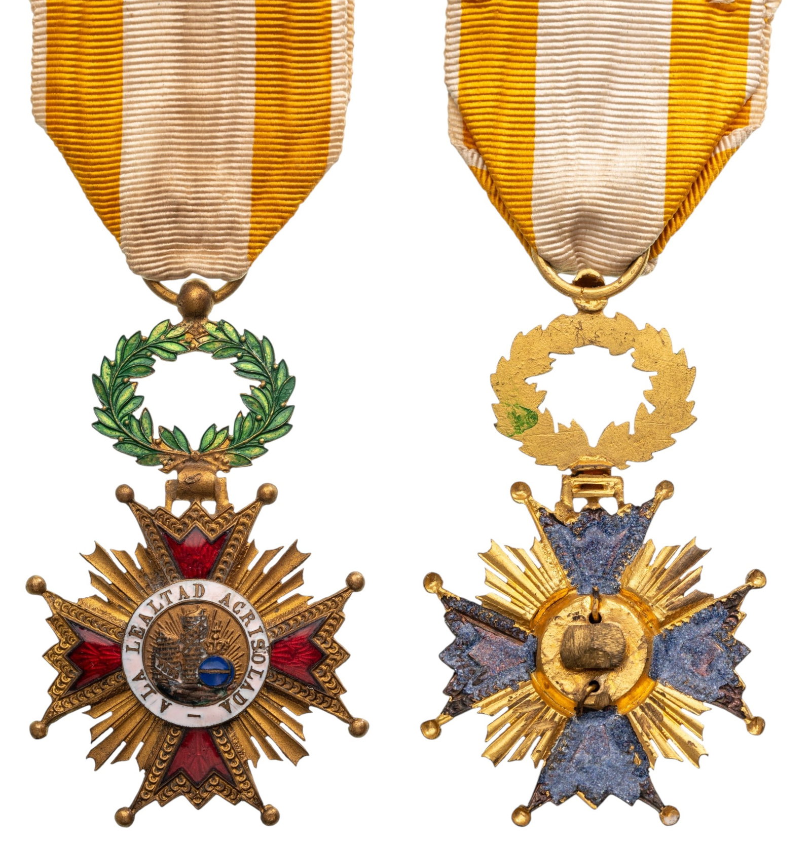 ORDER OF ISABELLA THE CATHOLIC: Knight`s Cross, 5th Class, instituted in 1815. Breast Badge, 60x38 mm, Bronze, one side enameled, central medallions enameled, original suspension wreath, ring and ribbon. A modern display badge, in e