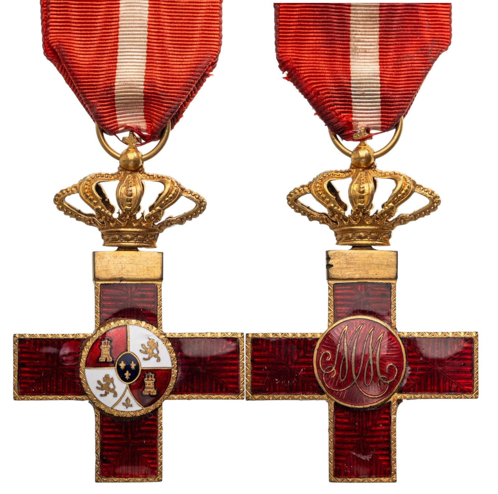 Order of Military Merit with Red Distinction, King Alfonso XIII period: Officer's Cross instituted in 1864. Breast Badge, 60x39 mm, gilt Bronze, enameled, center medallions enameled, with fine detail, suspension with crown, ring and original ribbon. Extremely fine! I-