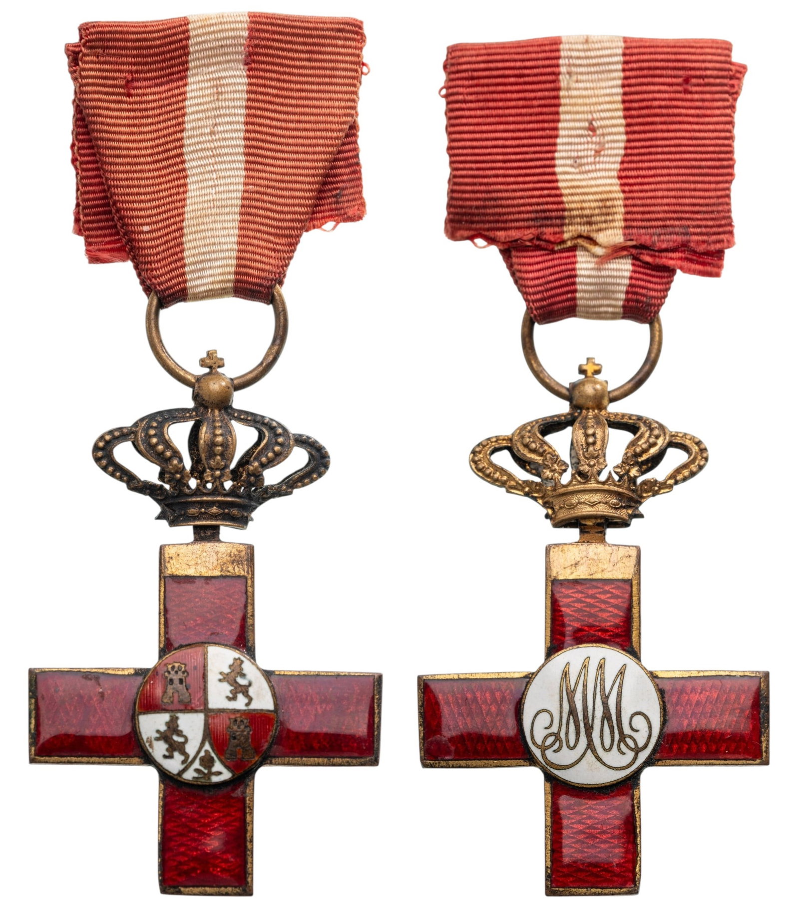 Order of Military Merit with Red Distinction: Knight's Cross instituted in 1864. Breast Badge, 57x36 mm, Bronze, enameled, center medallions enameled, with fine detail, suspension with crown, ring and original ribbon. Extremely fine! I