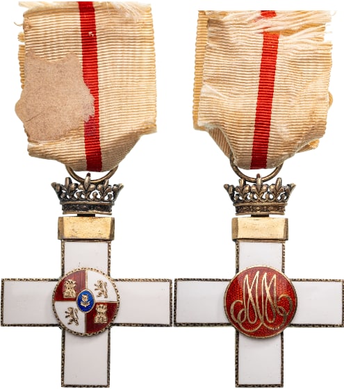 Order of Military Merit with White Distinction, King Alfonso XIII period: Knight's Cross instituted in 1864. Breast Badge, 51x40 mm, gilt Bronze, enameled, center medallions enameled, with fine detail, suspension with crown, ring and original ribbon. Extremely fine! I