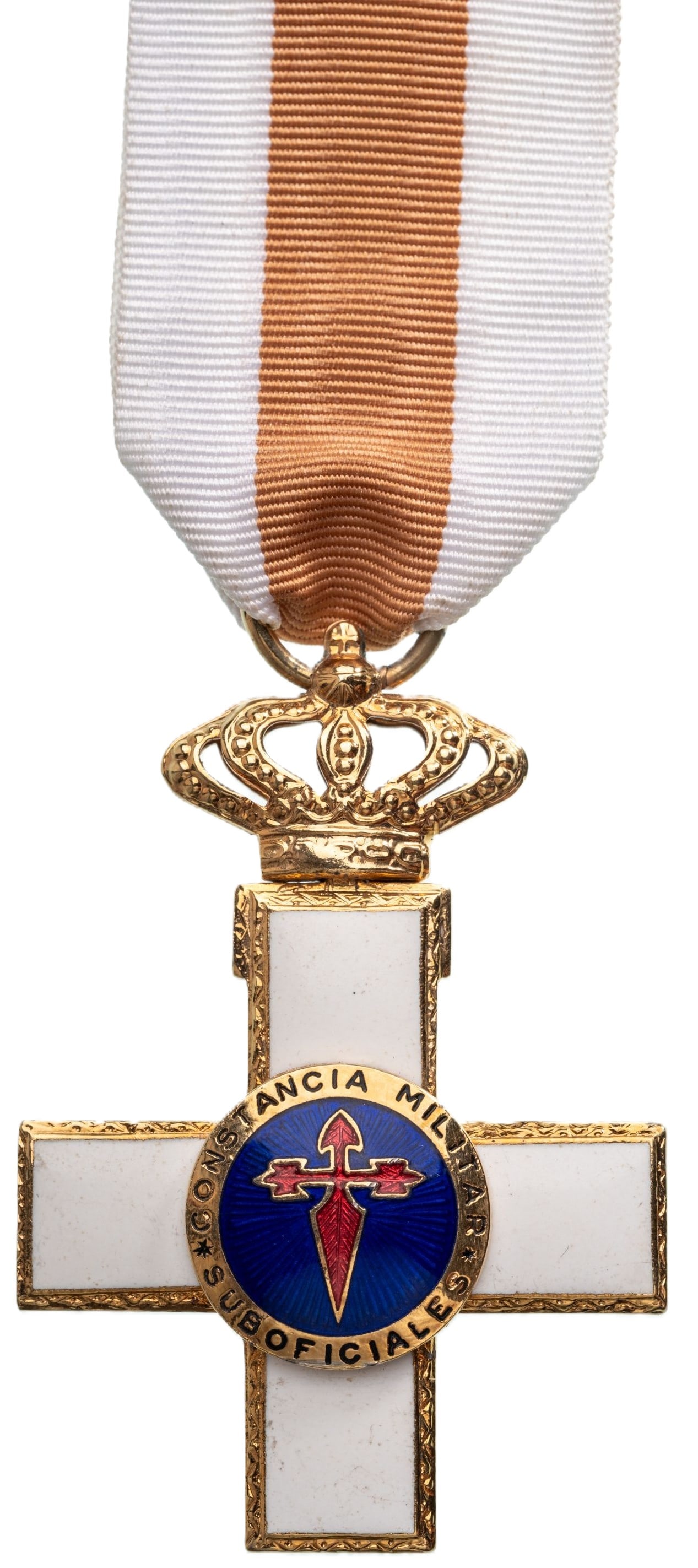 Long Military Service Cross, for 30 Years of Service, instituted in 1958: Breast Badge, 59x41 mm, gilt Bronze, one side enameled, center medallion enameled, with fine detail, suspension with crown, ring and original ribbon. Extremely fine! I
