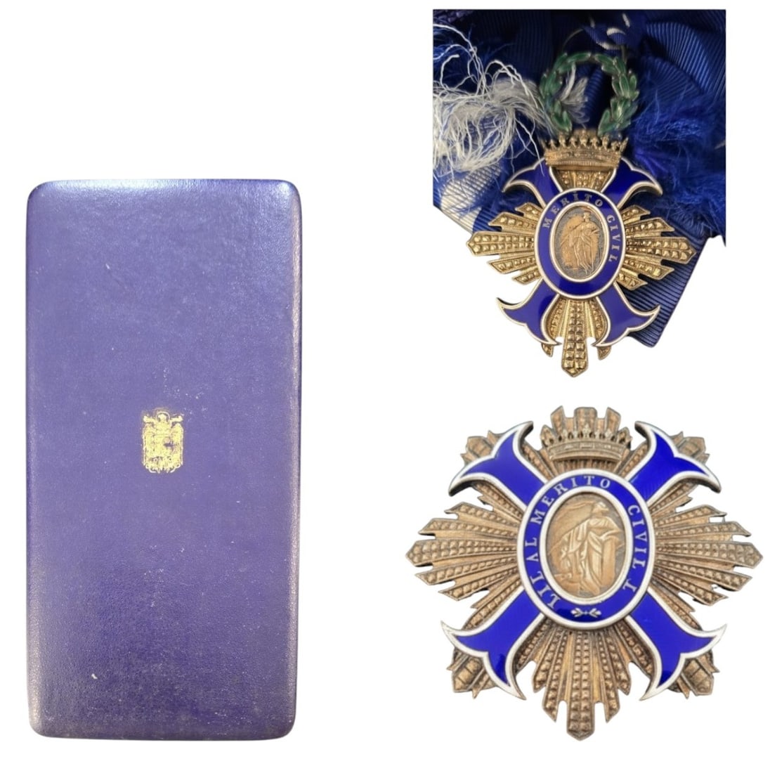 ORDER OF CIVIL MERIT: Grand Cross Set, instituted in 1926. Sash Badge, 54x48 mm, gilt Silver, enameled, obverse centre medallionwithin blue enameled outer circlet with the Order`s motto in gold lettering, green enameled, l