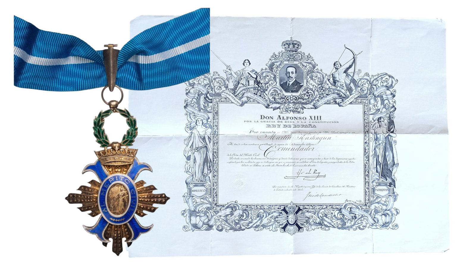 The Order of Civil Merit: Commander's Cross, instituted in 1926. Neck Badge, 80x76 mm, gilt Silver, one-side enameled, original suspension loop and ribbon, together with autorisation letter and superb awarding document, to the