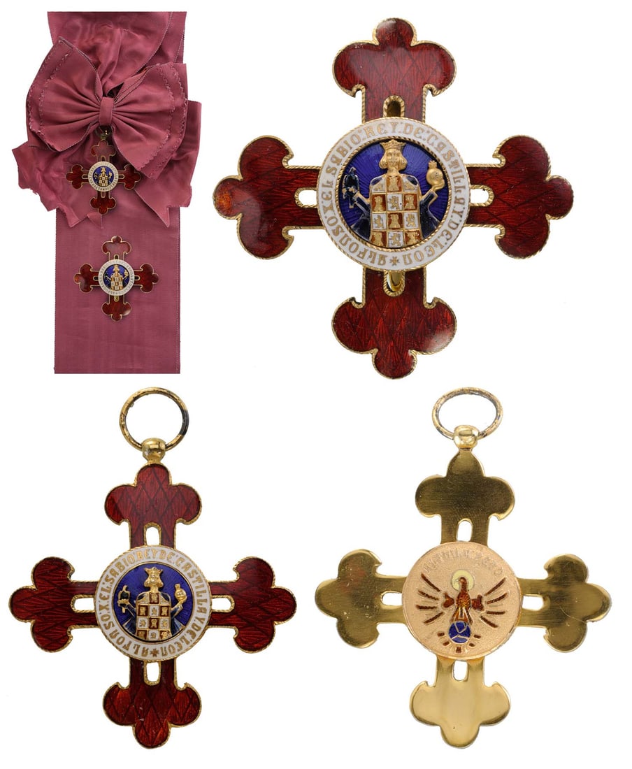 ORDER OF ALPHONSE X "THE WISE": Grand Cross Set, 1st Class, instituted in 1902. Sash Badge, 70x65 mm, gilt Silver, one-side enameled, both central medallions gilt, enameled, original suspension ring and sash. Breast Star, 88 mm, gil