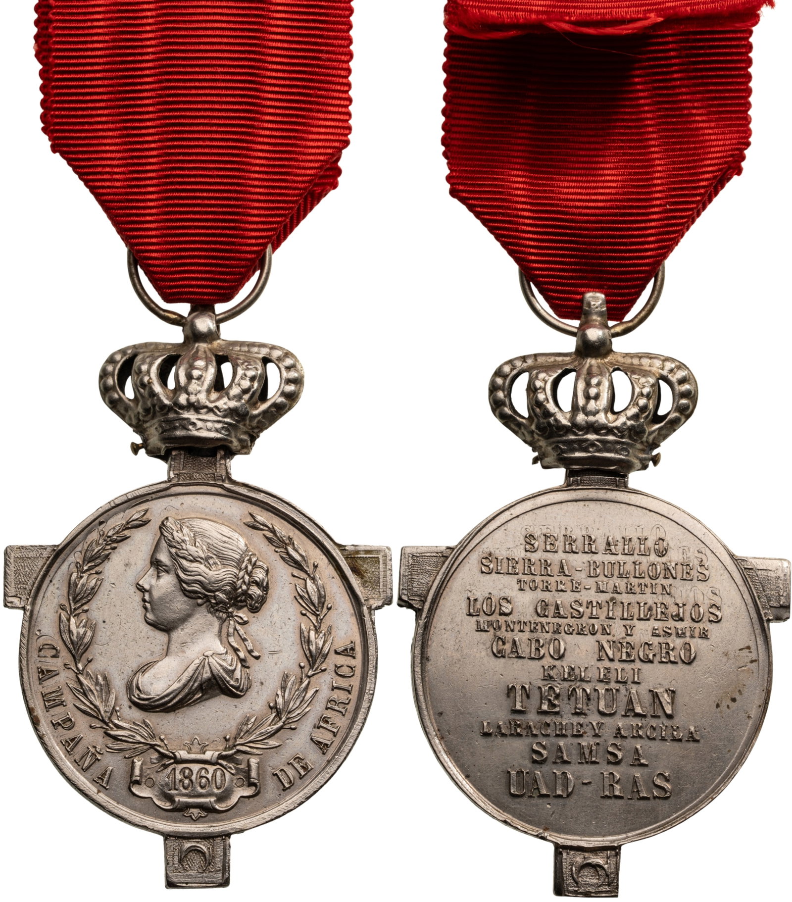 Africa War Cross, 1860: Breast Badge, 59x39 mm, Silver, suspension with crown, ring and correct ribbon. Extremely fine! I