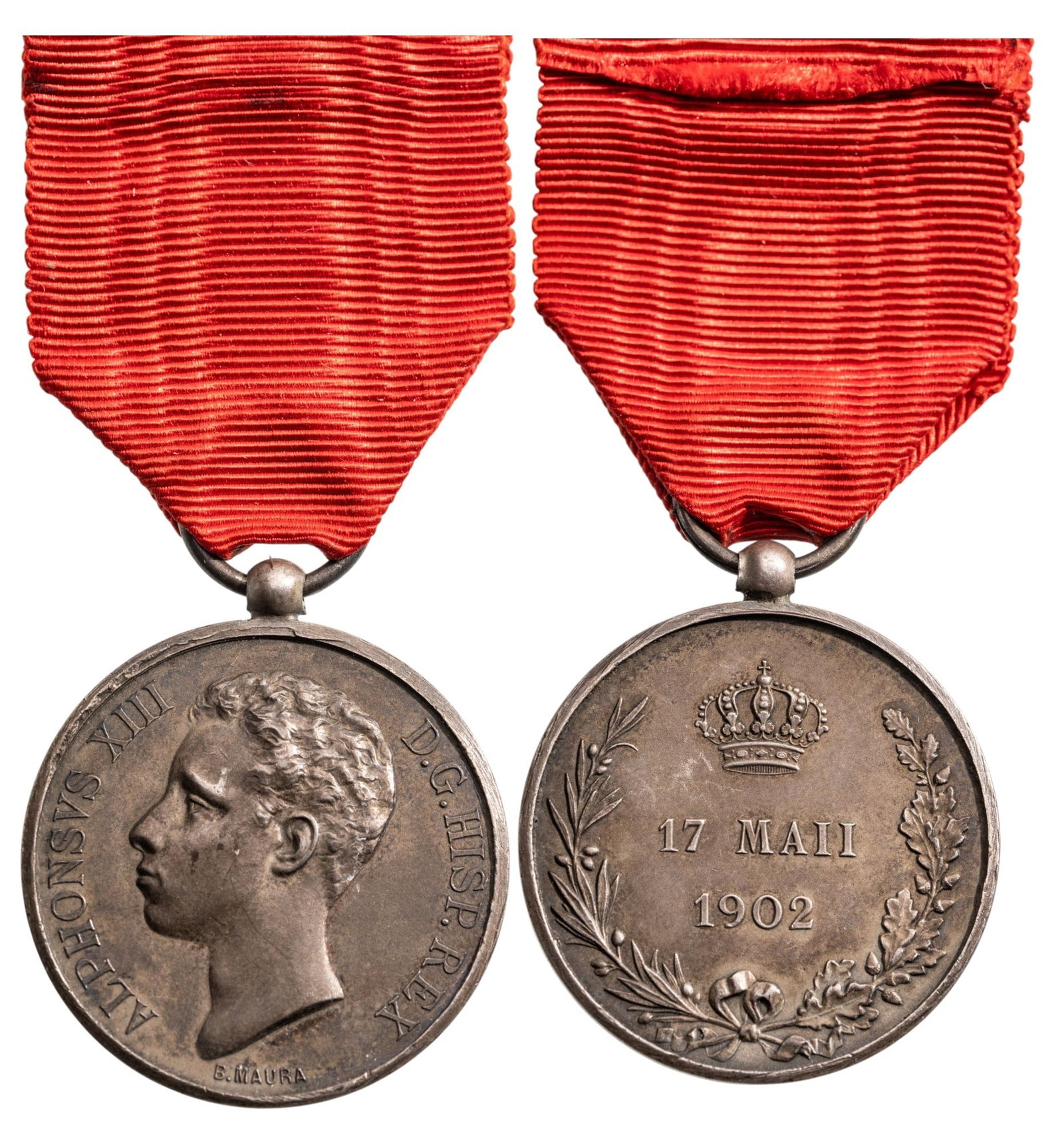 Coronation Medal of King Alfonso XIII, 1902: Breast Badge, 34x30 mm, Silver, suspension ring and ribbon. Extremely fine, with superb dark patina! I