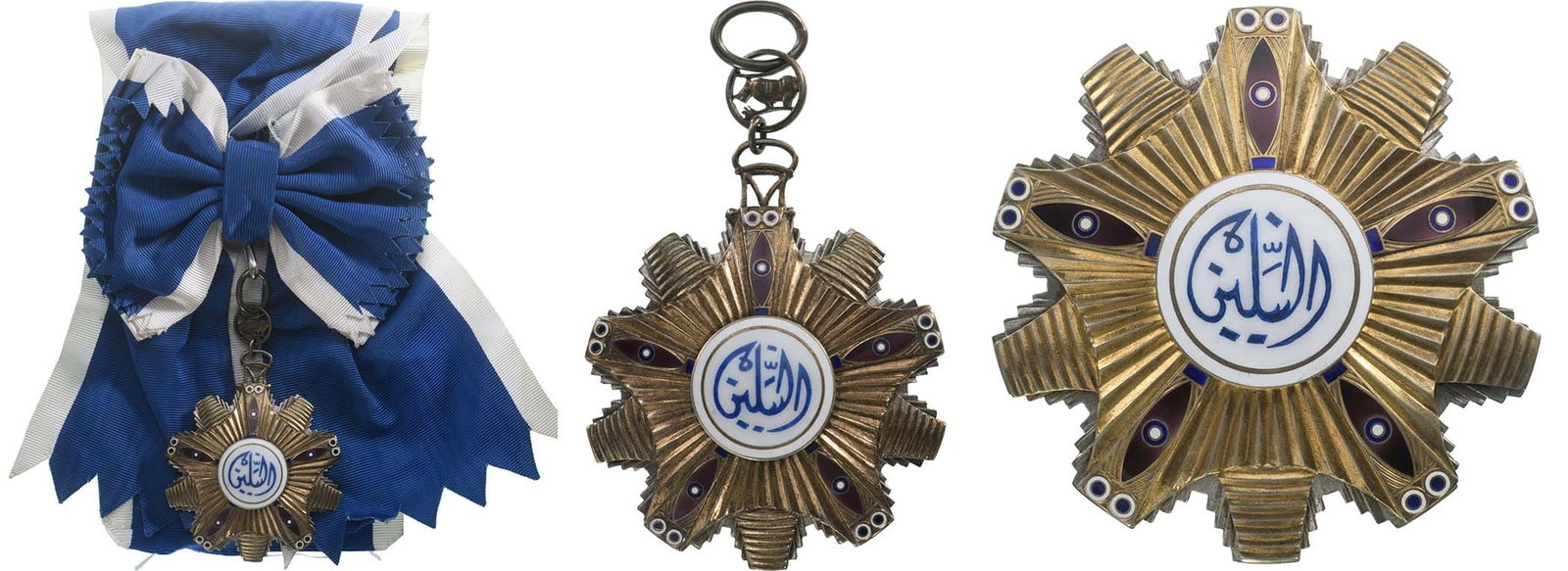 ORDER OF THE TWO NILES: Grand Cross Set, 1st Class, instituted in 1961. Sash Badge, 84x59 mm, gilt Silver, enameled, original suspension device, ring and sash. Breast Star, 103 mm, gilt Silver, multipart construction, superi