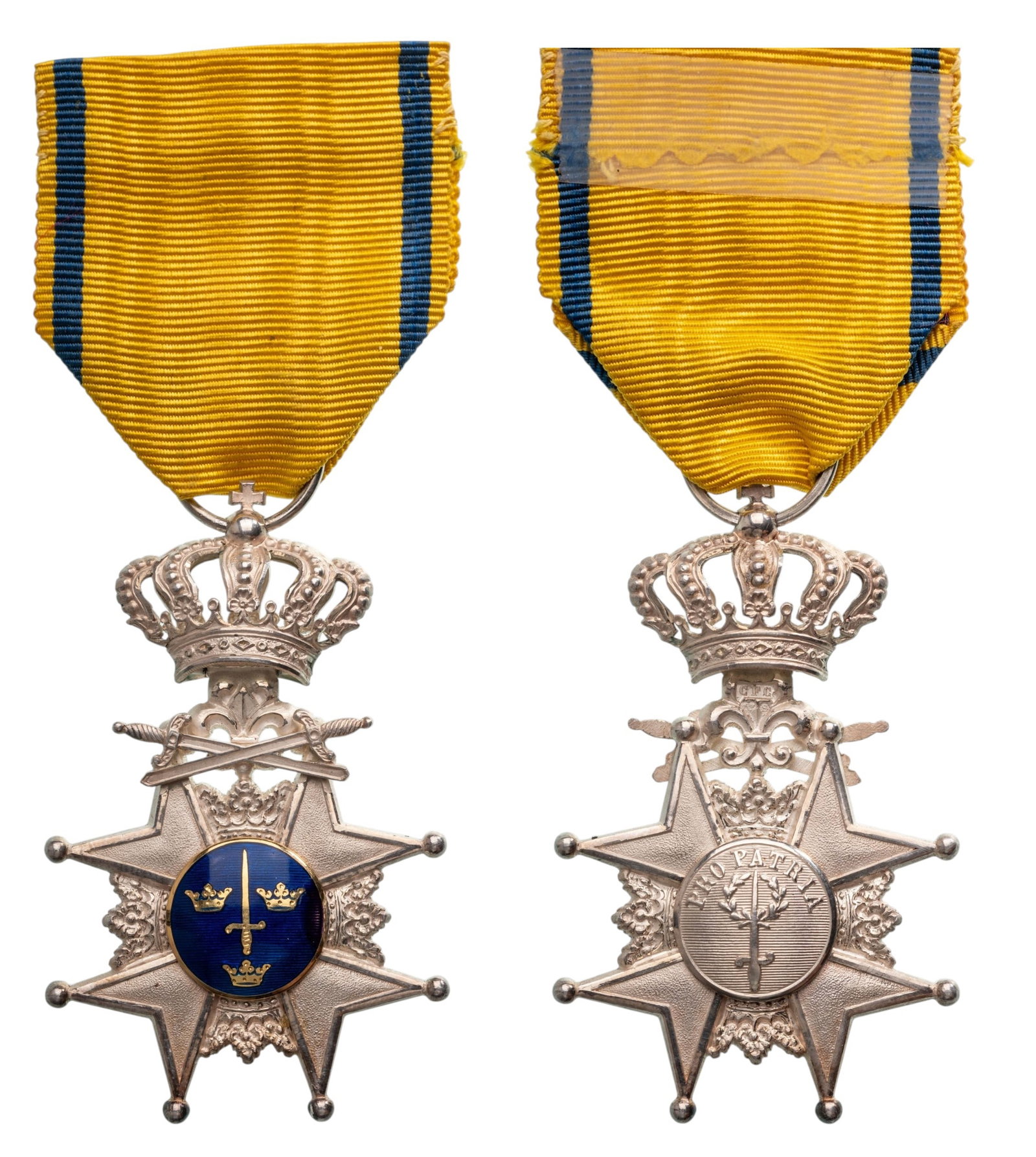 The Royal Order of the Sword: Knight's Cross, instituted in 1748. Breast Badge, 59x37 mm., Silver, one side enameled, original suspension crown, ring and ribbon. Mint state! I