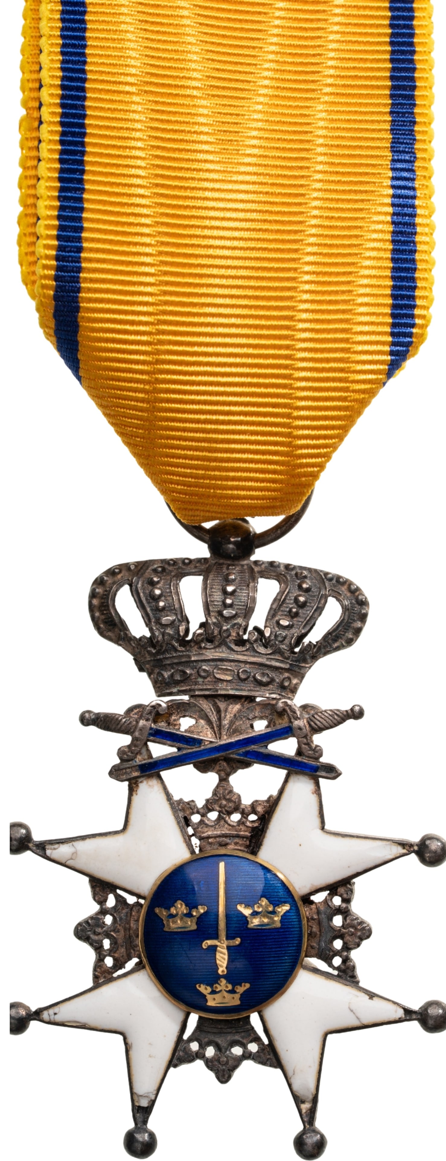 The Royal Order of the Sword: Knight's Cross, instituted in 1748. Breast Badge, 56x37 mm., Silver, GOLD center, one side enameled, reverse missing, original suspension crown, ring and ribbon. Very fine! IV