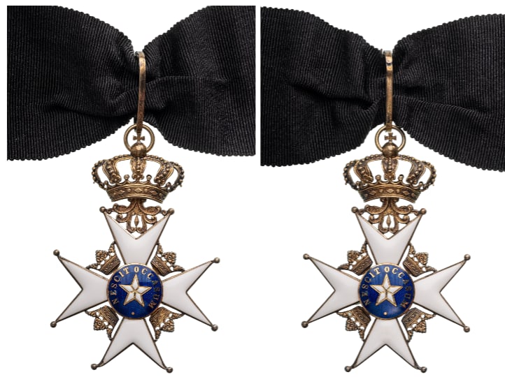 Order of the Polar Star: Commander's Cross, instituted in 1748. Neck Badge, 78x54 mm, gilt Silver, enameled, GOLD centers, original suspension ring, loop and ribbon. Extremely fine condition. I-