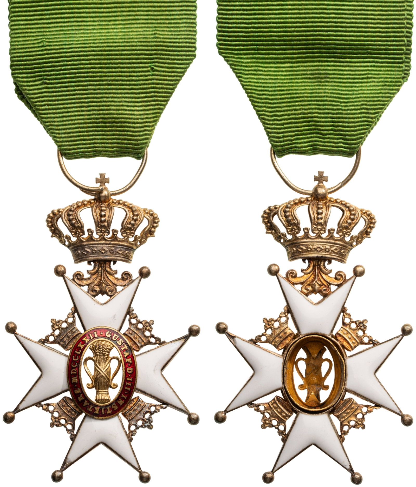 Order of Vasa: Knight's Cross, instituted in 1772. Breast Badge, 61x44 mm, Silver, enameled, GOLD center, reverse missing,original suspension ring and ribbon. Very fine condition. IV