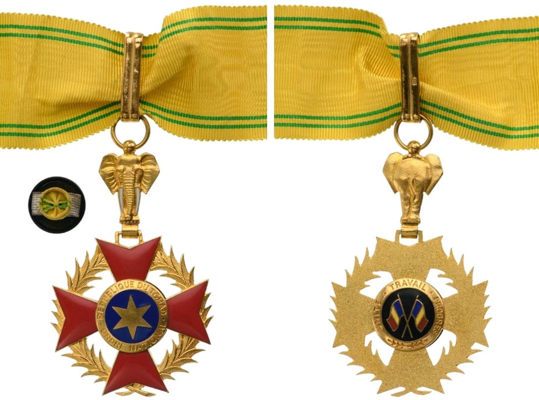 National Order: Commander's Cross, instituted in 1960. Neck Badge, 71x44 mm, gilt Bronze, maker's mark "A. B. - Arthus Bertrand - Paris", one side enameled, original suspension device and long complete ribbon, with l