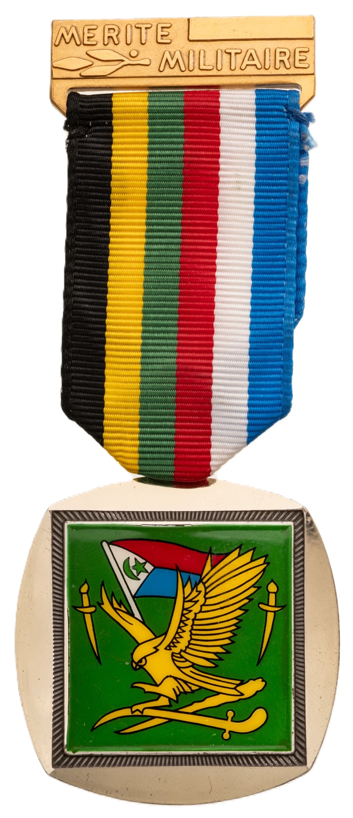 Military Merit Medal (FROLINAT - Front de Liberation Nationale du Tchad), 1966 - 1993: Breast Badge, 45x40 mm., silvered, one side enameled, original suspension ring and ribbon with Bronze bar. Very attractive and mint state! I