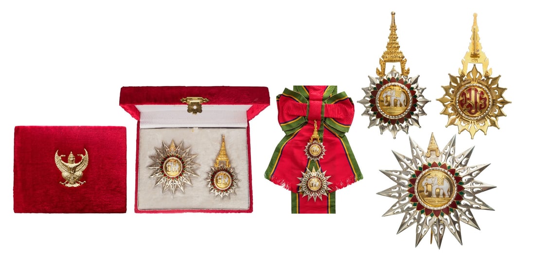 ORDER OF THE WHITE ELEPHANT: Grand Cross Set of the Order. Sash Badge 93x54 mm., gilt Silver, hallmarked, original suspension in the form of the Thai crown, with original long sash. Breast Star, 78 mm, gilt Silver, hallmarked, wi
