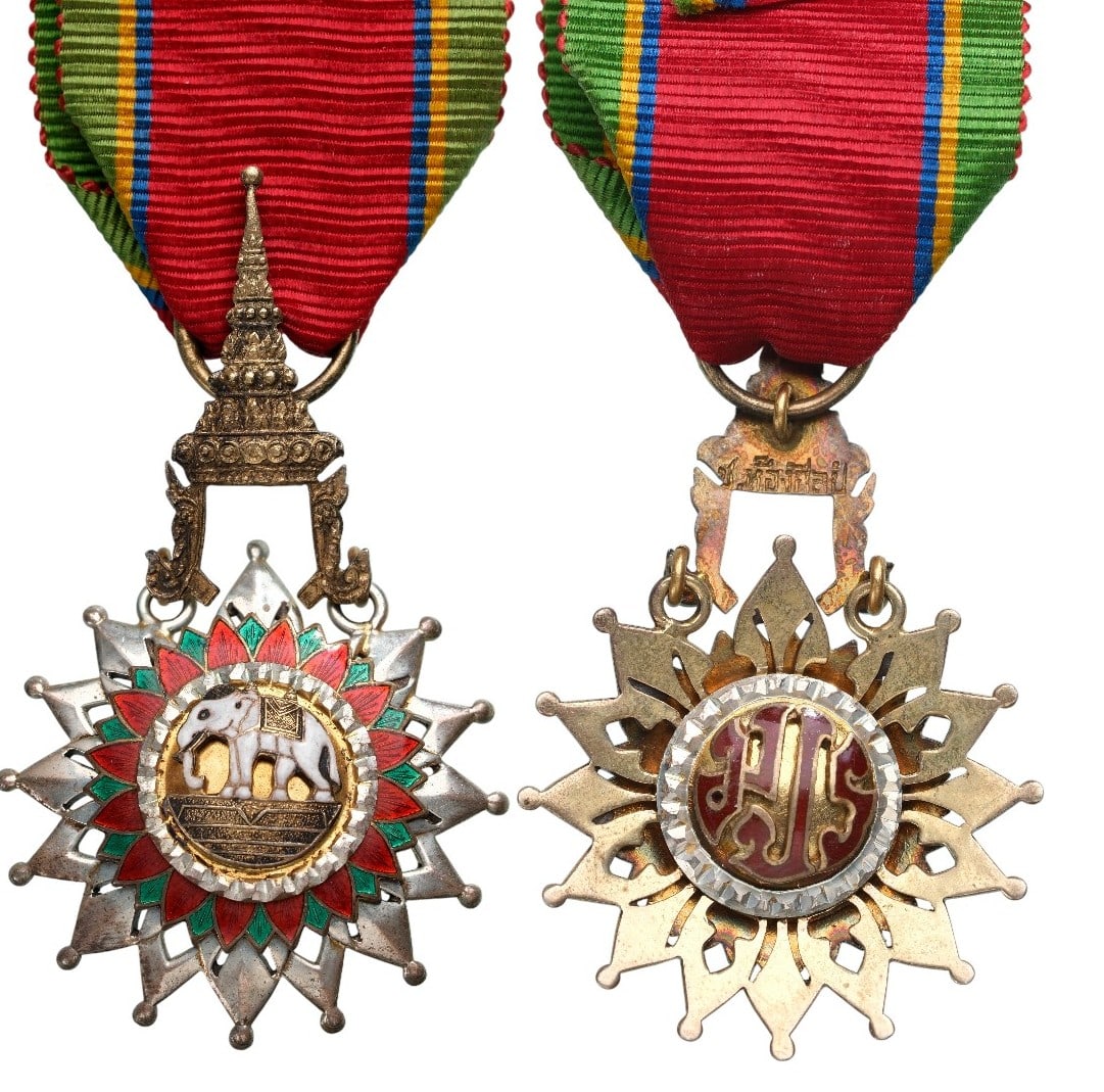 ORDER OF THE WHITE ELEPHANT: Knight's Cross, instituted in 1869. Breast Badge, 60x34 mm, gilt Silver, hallmarked, enameled, suspension in the form of the Thai crown, with original, ribbon. Mint condition! I