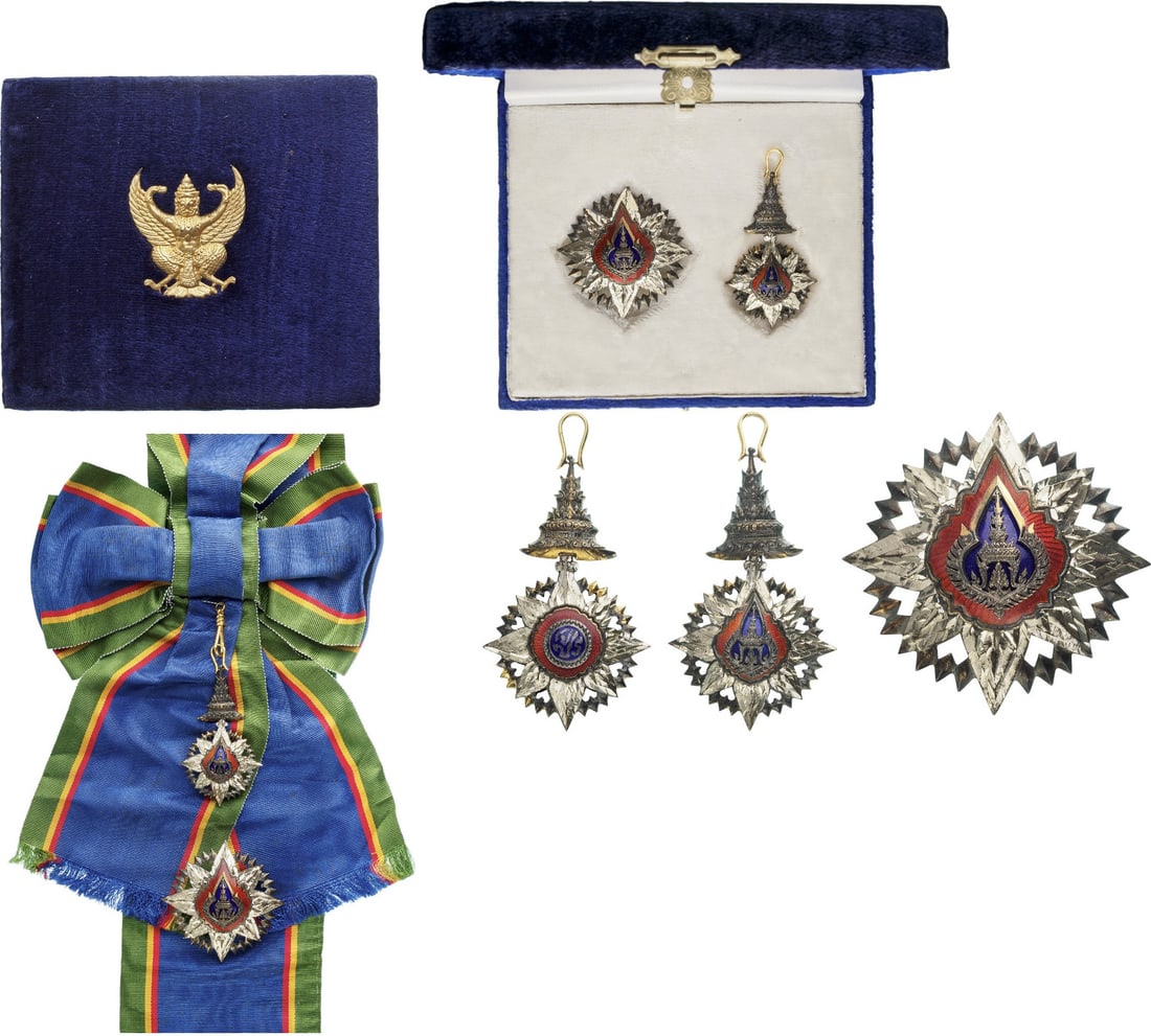 ORDER OF THE CROWN OF SIAM: Grand Cross Set for Ladies, instituted in 1869. Sash Badge, 71x42 mm, partially gilt Silver, enameled, suspension in the form of the Thai crown, with original, long sash. Breast Star, 62 mm., gilt Sil