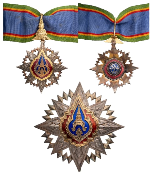 ORDER OF THE CROWN OF SIAM: Grand Officer's Set, instituted in 1869. Neck Badge, 85x54 mm, partially gilt Silver, enameled, suspension in the form of the Thai crown, with original, long ribbon. Breast Star, 79 mm., gilt Silver, 
