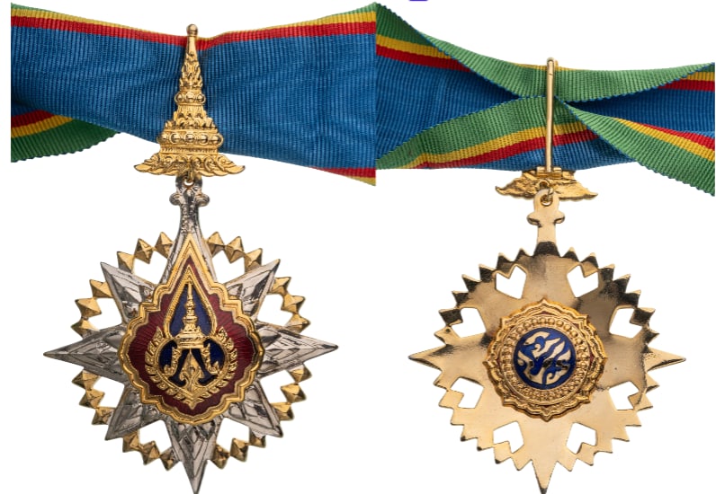 ORDER OF THE CROWN OF SIAM: Commander's Cross, instituted in 1869. Neck Badge, 87x55 mm, partially gilt Silver, enameled, suspension in the form of the Thai crown, with original, long ribbon. Extremely fine condition! I