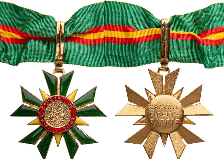 National Order of Merit: Commander's Cross, instituted in 1973. Neck Badge, 55 mm, gilt Bronze enameled, original suspension loop and ribbon. A superb order in mint condition! I