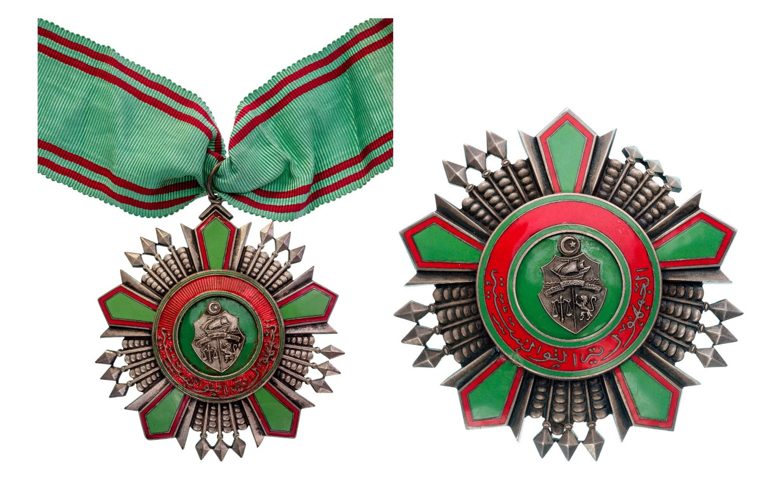 ORDER OF THE REPUBLIC: Grand Officer Set, 2nd Class, 2nd Type. Neck Badge 69x65 mm ., Silver, one-side enameled, Arabic inscription, smooth reverse, with original loop and ribbon. Breast Star, 81 mm., Silver, maker's mark, 