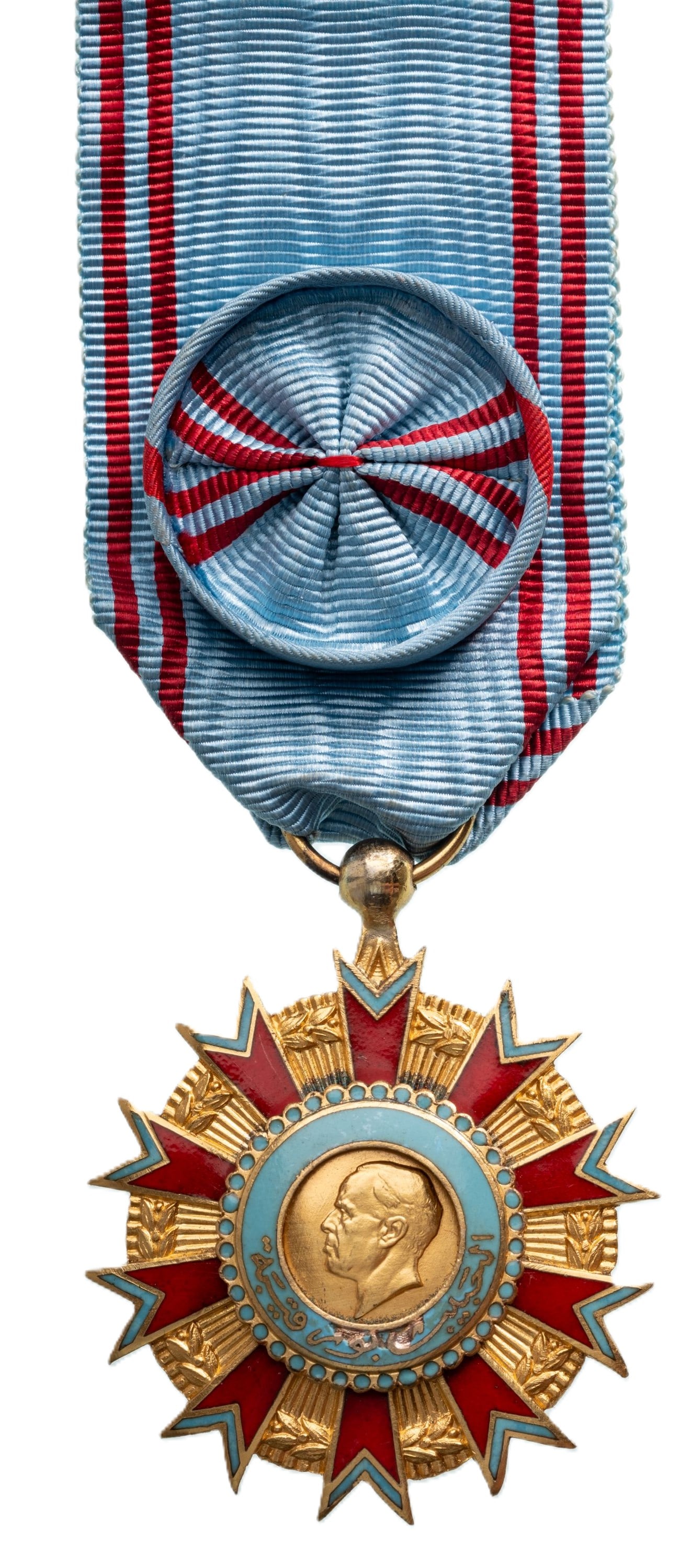 Order of Merit Bourghiba: Officer's Cross, 5th Class, instituted in 1963. Breast Badge, 47x39 mm, gilt Silver, hallmarked, one side enameled, original suspension ring and ribbon with rosette. A beautiful and rare order, in ext