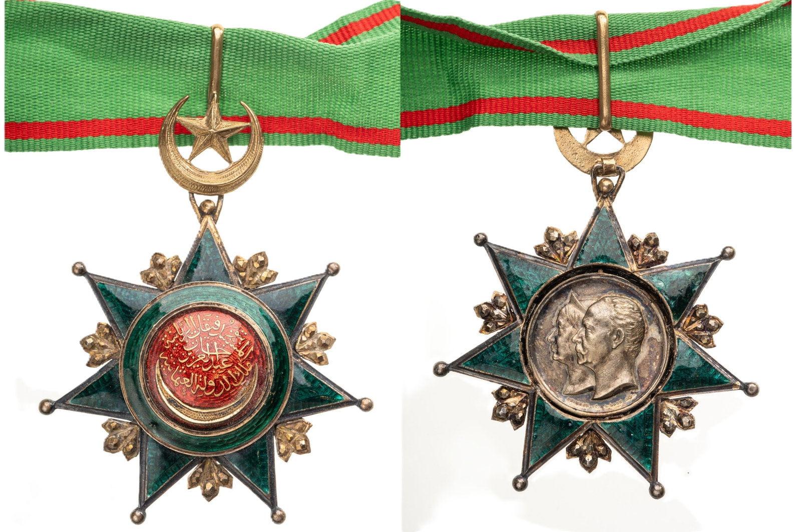 ORDER OF OSMANI: Commander's Cross, 3rd Class. Neck Badge, 80x62 mm., Silver, enameled, centre medallion with the Sultan`s Tughra, reverse center replaced with Silver portraits of Grand Duke Karl Alexander of Saxony -