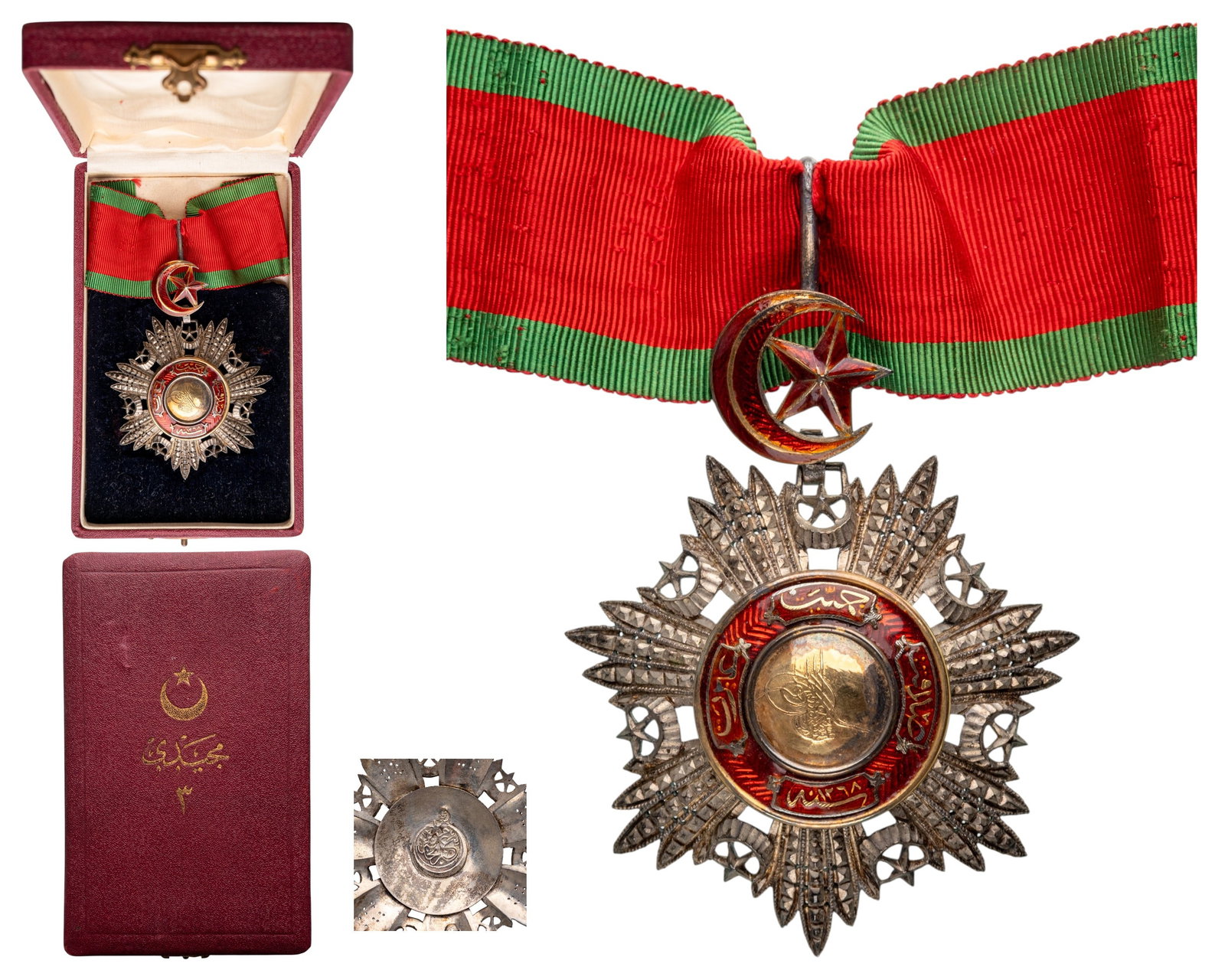 Order of Mecidi: Commander's Cross, 3rd Class. Neck Badge, 77x63 mm., Silver, enameled, Turkish hallmarked, chiseled and pierced silver with gold centre medallion also with the Sultan`s Tughra, with red enameled detai