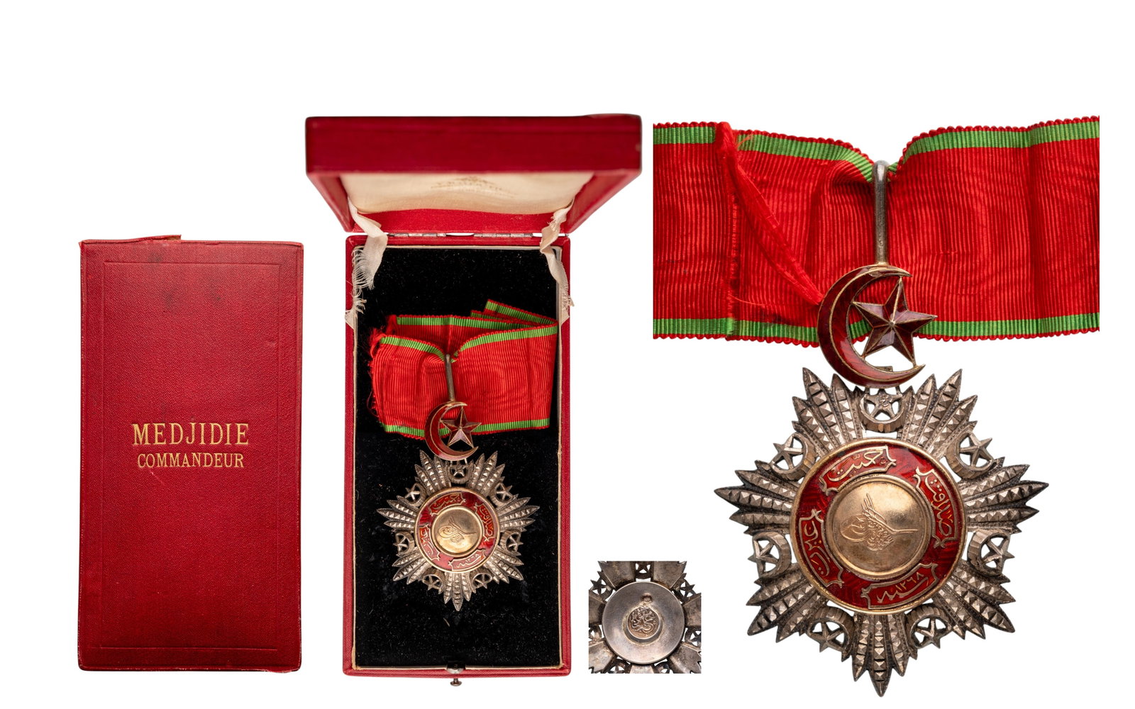 Order of Mecidi: Commander's Cross, 3rd Class. Neck Badge, 76x59 mm., Silver, enameled, Turkish hallmarked, chiseled and pierced silver with gold centre medallion also with the Sultan`s Tughra, with red enameled detai
